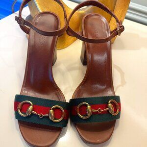 Gucci Brown Leather Block Heel Sandals with Green and Red Web